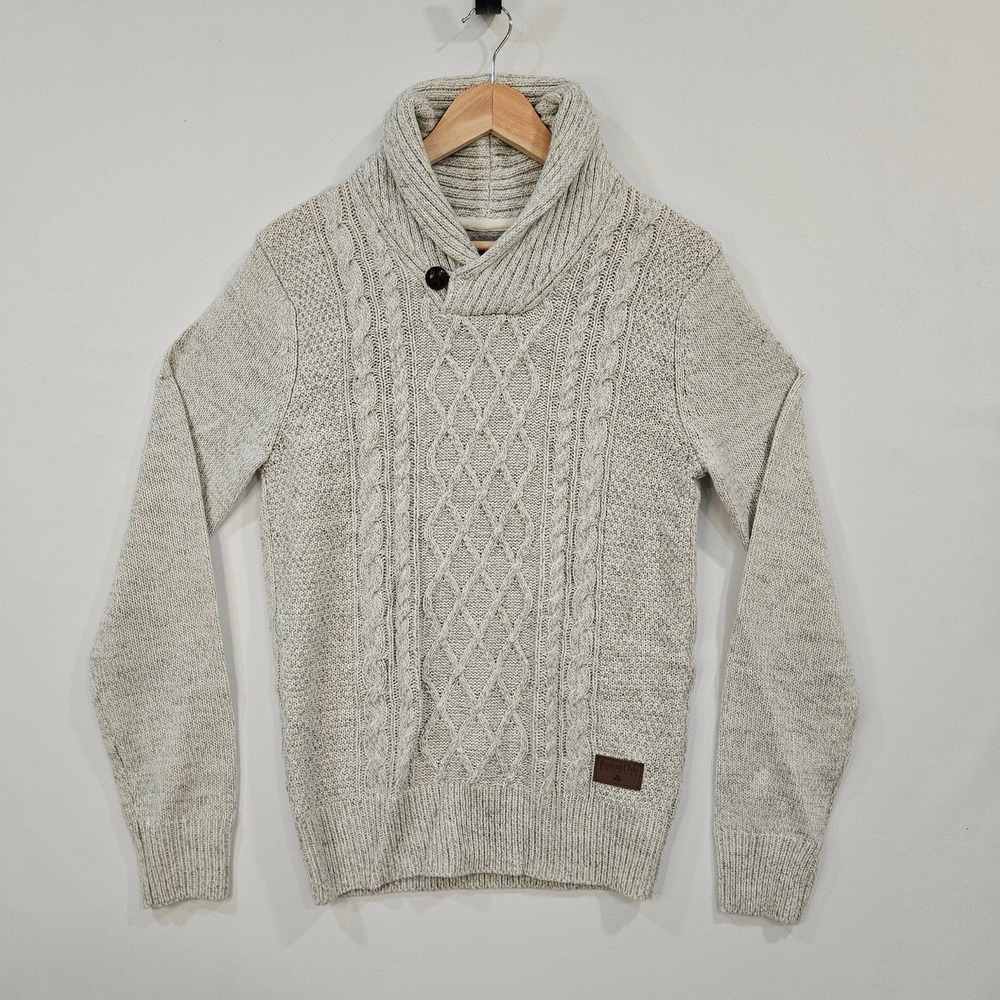 Emerald Isle Knitwear Aran Mens Shawl Collar Cable Knit Wool Blend Sweater S